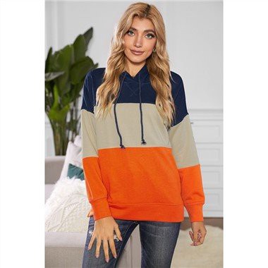 Orange Color Block Stripe Casual Hoodie